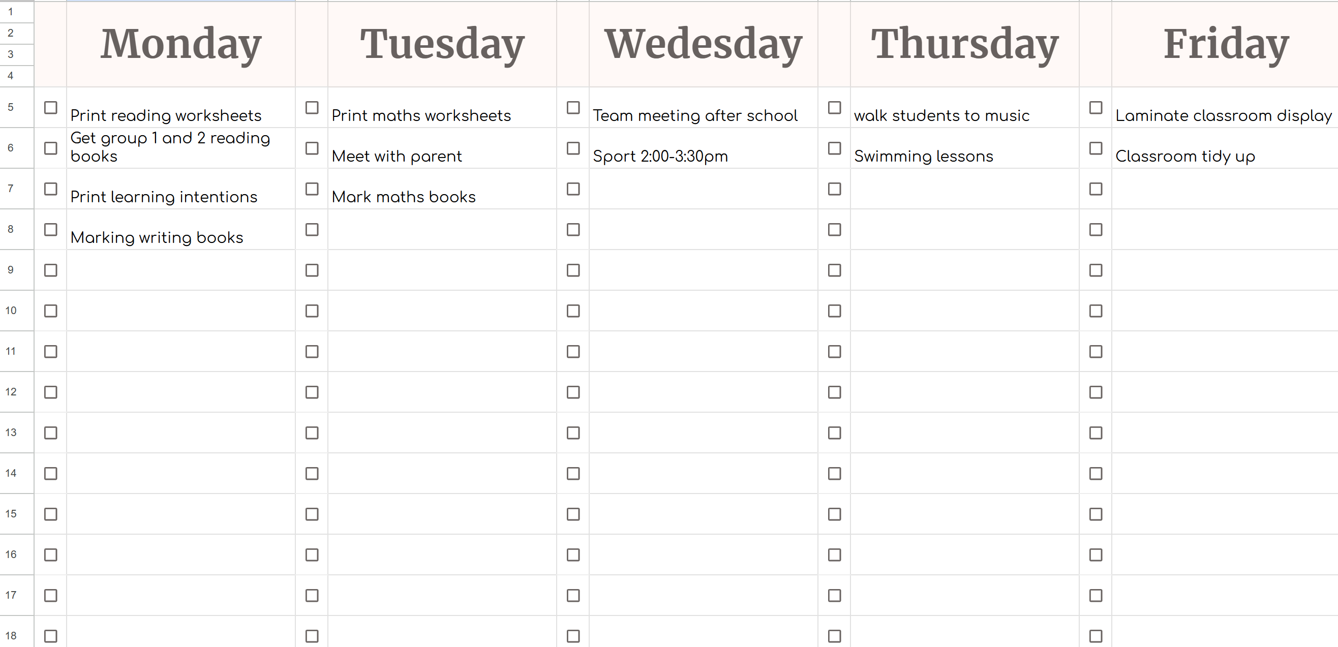 teacher work-life balance. Weekly checklist 