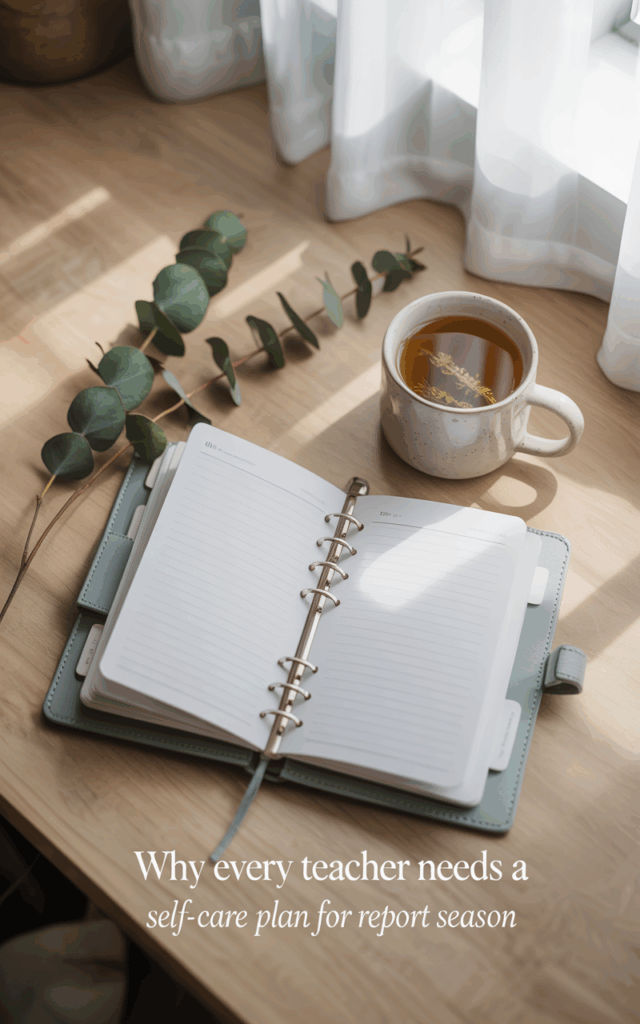 Teacher Self-Care Tips for report season. notebook and mug on the table